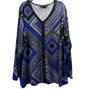 Susan Graver Womens Tunic Top Sz 1X Blue Black White Long Sleeve Beaded Pullover